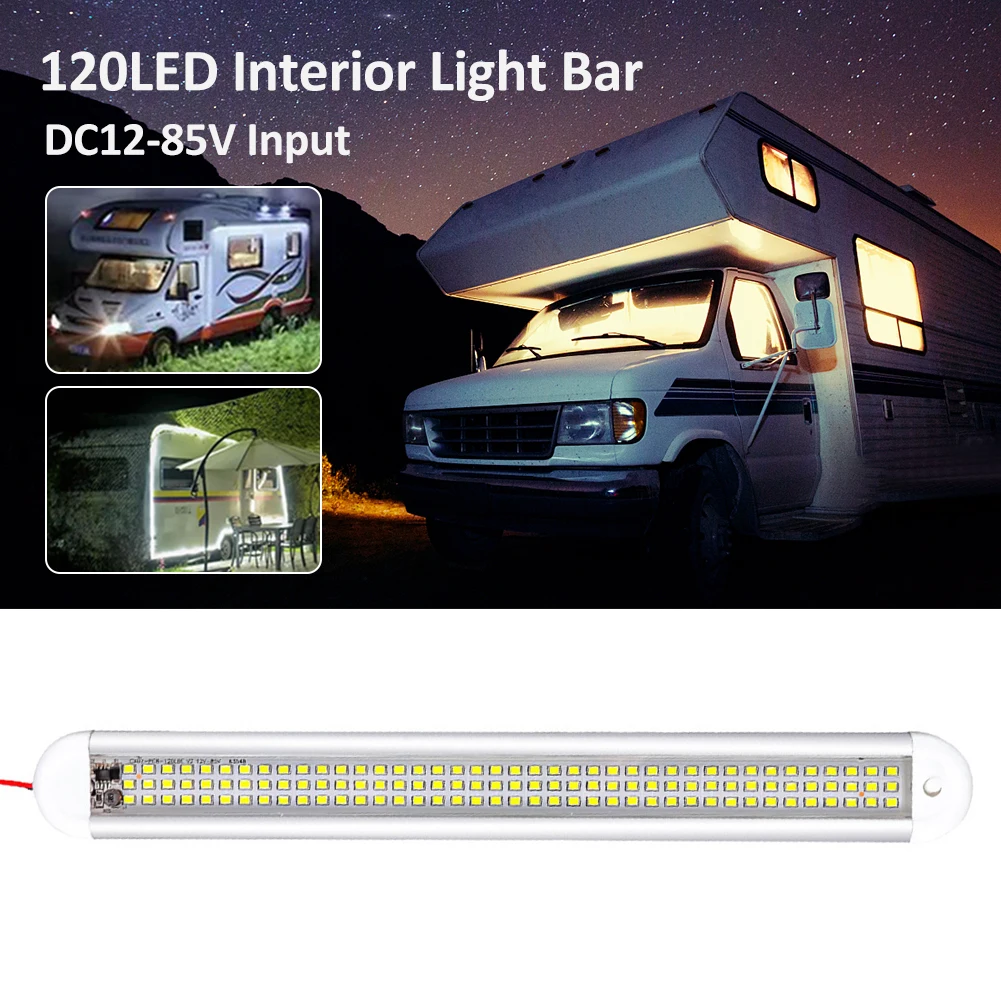 

12V-85V Interior Light Bar 120LED 1800LM 12W LED Light Strip with Switch Dome Lights 6500K White for RV Camper Van Truck Trailer