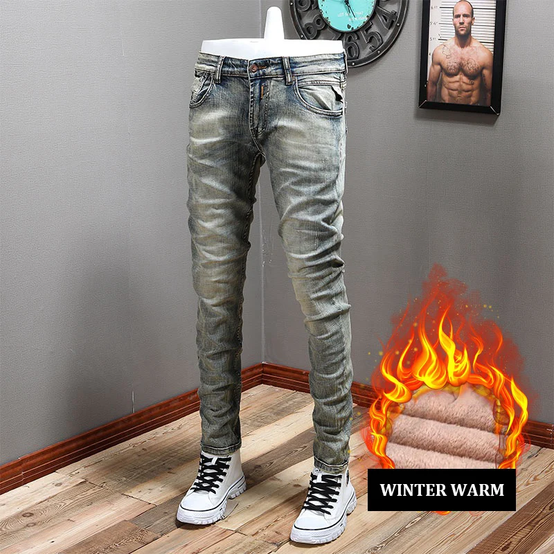 Italian Designer Fashion Men Jeans Stretch Elastic Slim Fit Ripped Jeans Men Vintage Trousers Velvet Winter Warm Pants Hombre