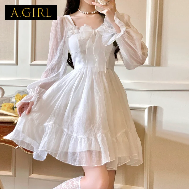 

A GIRLS French Sweet Lolita Dress Women Long Puff Sleeve Y2k Lace Party Dress Vintage Kawaii Square Collar Mini Dress Spring