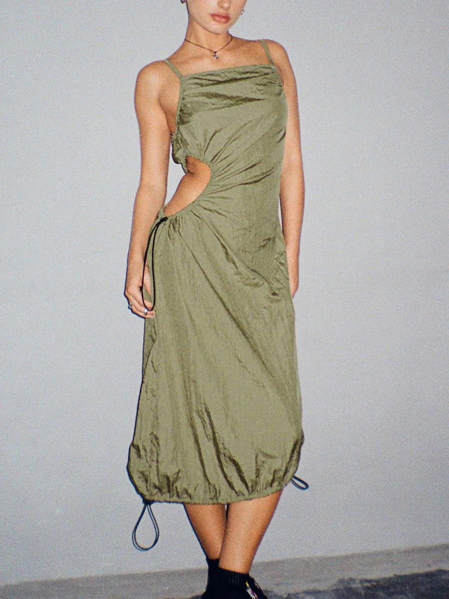 

Женское летнее Повседневное платье, однотонное платье на бретелях-спагетти без рукавов, с вырезом и шнуровкой на подоле, для женщин