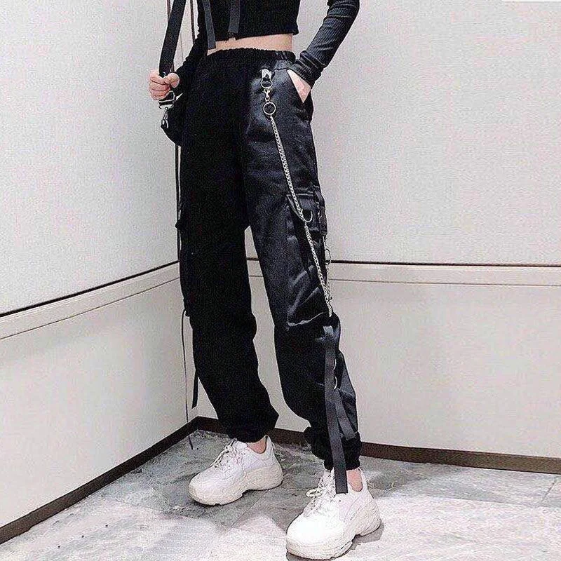 

Женские свободные брюки-карго с эластичным поясом, уличная одежда в стиле хип-хоп, черные повседневные шаровары в стиле панк с карманами