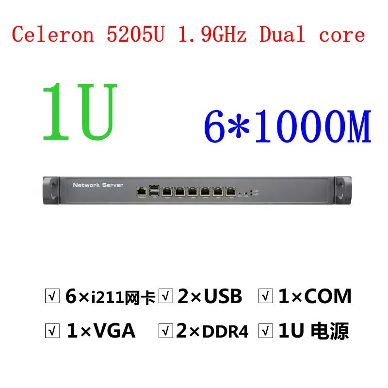 1U Rack Type Soft Routing Server intel i5-3210M 2.5GHZ 10th CPU 5205U 1.9GHZ  6*1000M LAN Port Micro Appliance Router Firewall