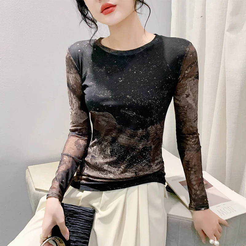 # 7433 Весна Осень Черная футболка с длинным рукавом Женская тонкая уличная одежда