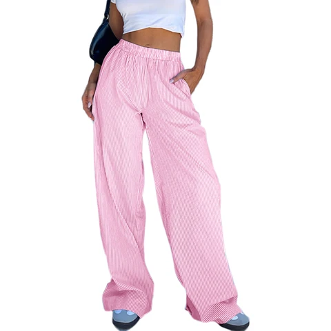 Женские Штаны Для отдыха s Y2K, пижамные штаны в полоску с эластичным поясом и карманами, повседневные свободные уличные штаны для улицы