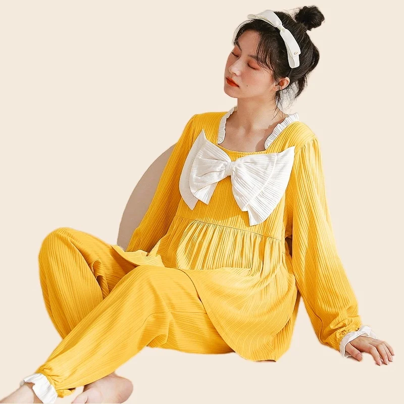 Cute Pajamas Set Full-Sleeve T-shirt Long Pants 2Piece/Set Sexy Big Bow Pyjama Princess Sweet Homewear Cozy Sleepwear Big Size