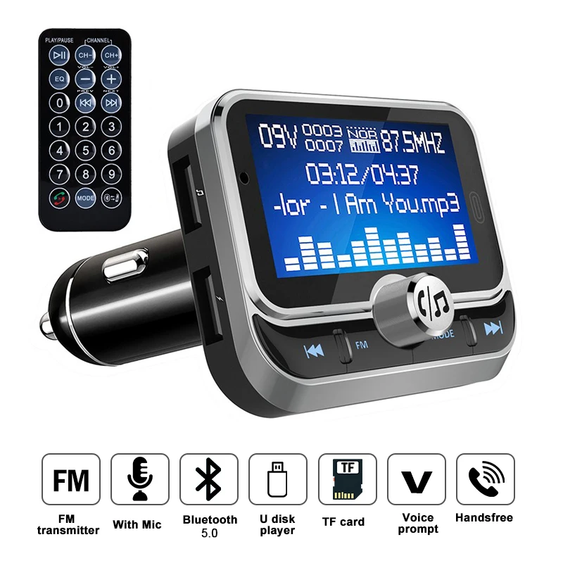 Transmisor FM con mando a distancia para coche, reproductor MP3 con Bluetooth, LCD, 1,8 pulgadas, Cargador USB Dual, modulador FM manos libres 2021