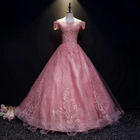 rose pink off shoulder shiny tulle appliques boat neck evening dresses floor length quinceanera prom gowns vestidos de 15 a%c3%b1os