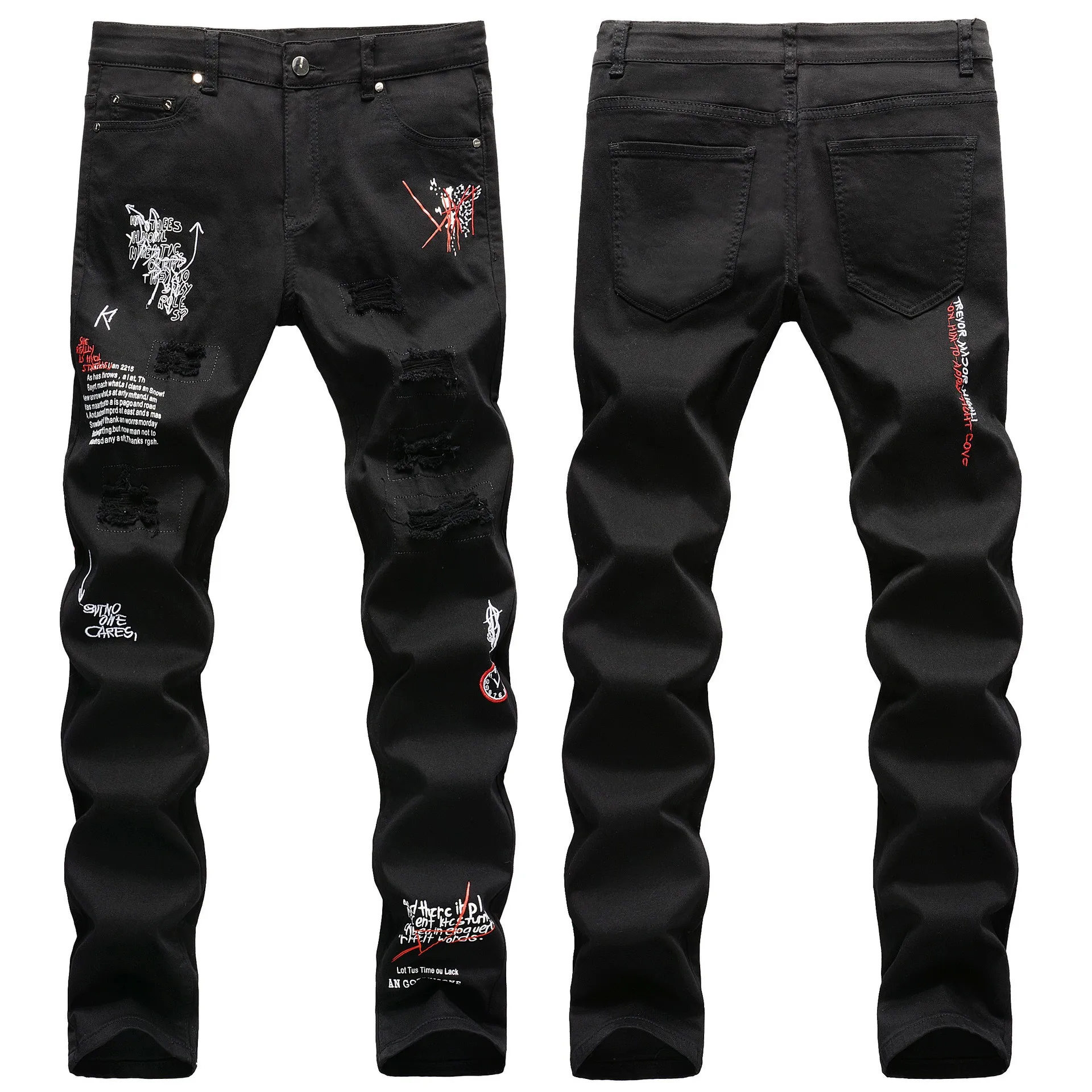 Mens Fashion Stretch Denim Pants White Jeans Male High Quality Embroidery Letters Black Jeans Destroyed Ripped Hip-hop Trousers