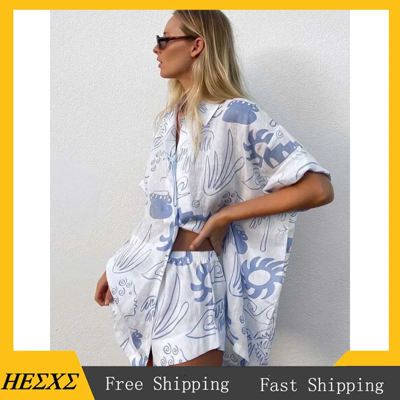 

Graffiti Beach Print Shirt Suit 2023 Summer Single Breasted Shirt Short Two Piece Set Women Outfit Loose Short Sleeve Tops Suits
