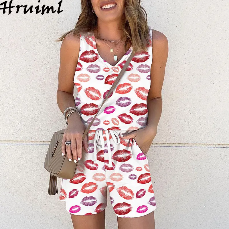 

Printing 2 Piece Set Women New Sexy Strapless Drawstring Vest Suit for Women Holiday Style Loose Casual Two-piece Suit