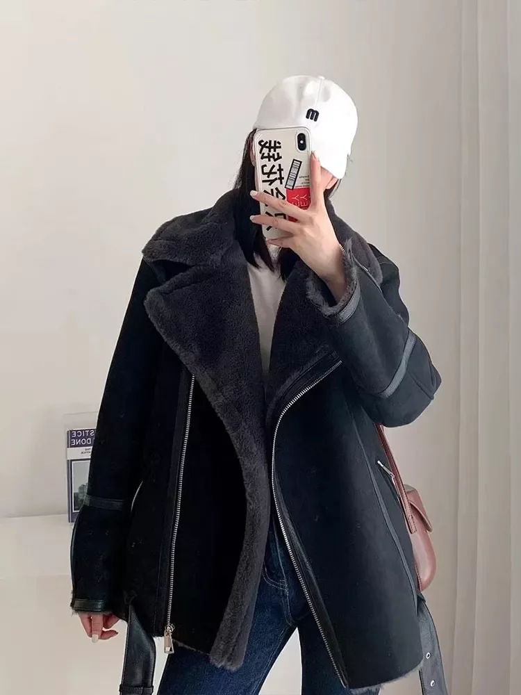 New in Women Fashion Thick Warm Winter Double-sided Fur in one Jacket Coat Vintage Long Sleeve Female Outerwear Chic Tops y2k ve