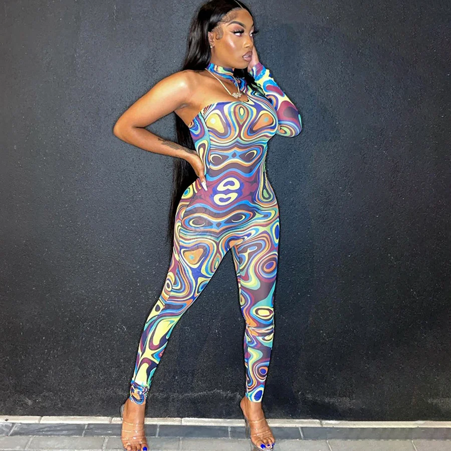 

Женский сетчатый комбинезон на одно плечо, прозрачный комбинезон с волнистым принтом, облегающий цельный костюм с длинным рукавом, новинка ...