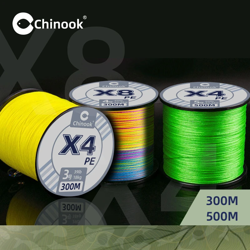 Плетеная рыболовная леска Chinook, мультифиламентная леска для ловли карпа нахлыстом, 4/8 нитей, 300 м, 500 м, многоцветное спиннинговое Высокопрочное плетение из полиэтилена