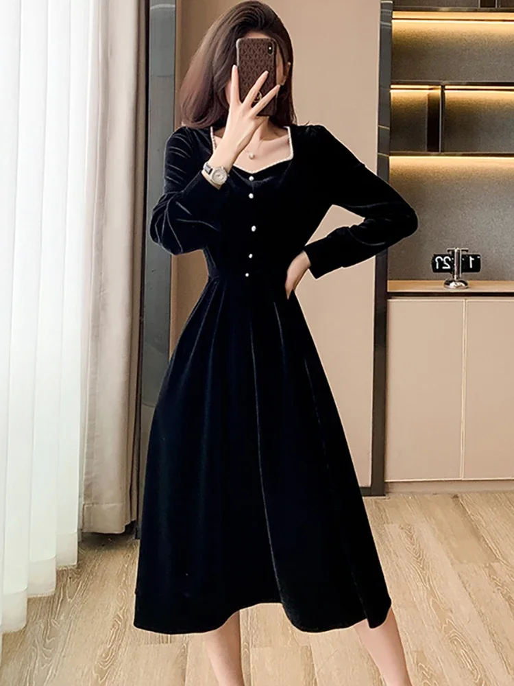 

2023 Black Velvet Beading Square Collar Long Dress Women Bodycon Dresses for Official Occasions Autumn Winter Elegant Prom Dress