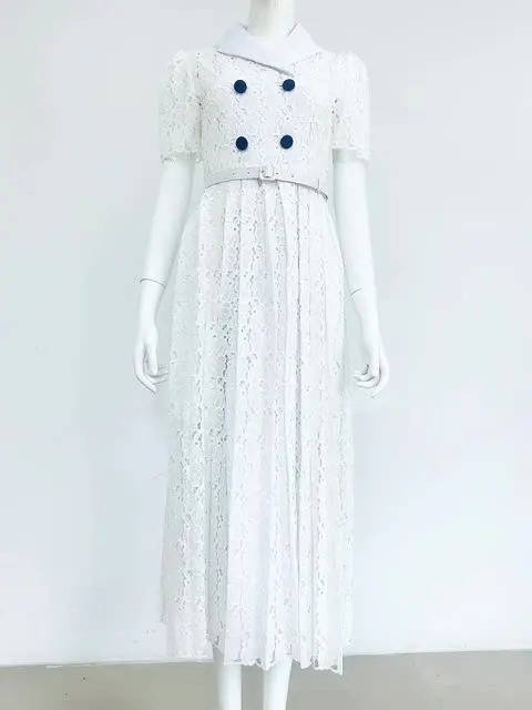 

Women Midi Dress Lace Belt Pleated Short Sleeve Sweet Robe