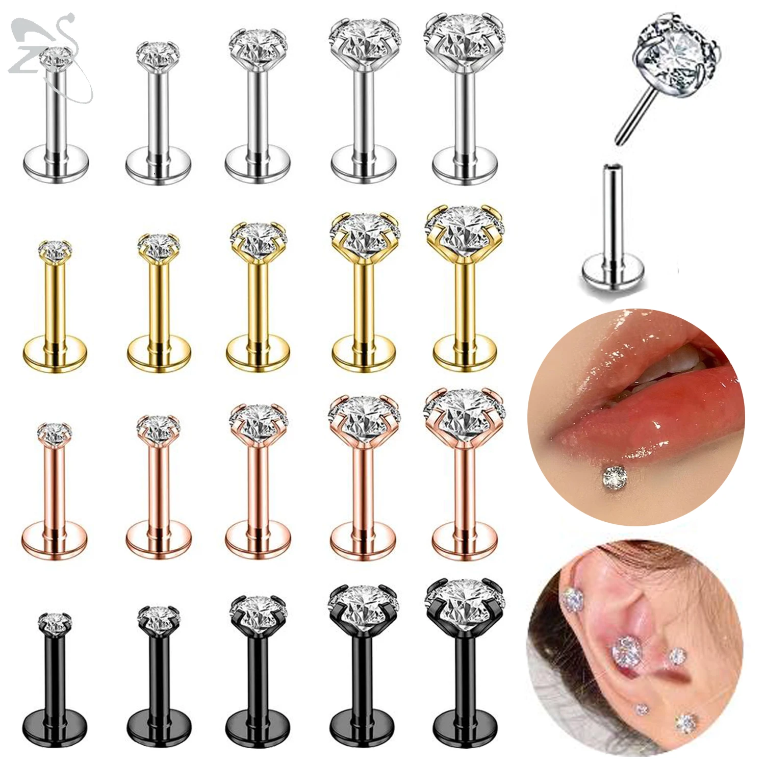 

ZS 1PC 7mm Stainless Steel Lip Stud Plug In Zircon Labret Piercing Crystal Cartilage Earring Helix Tragus Medusa Piercing 16-20G