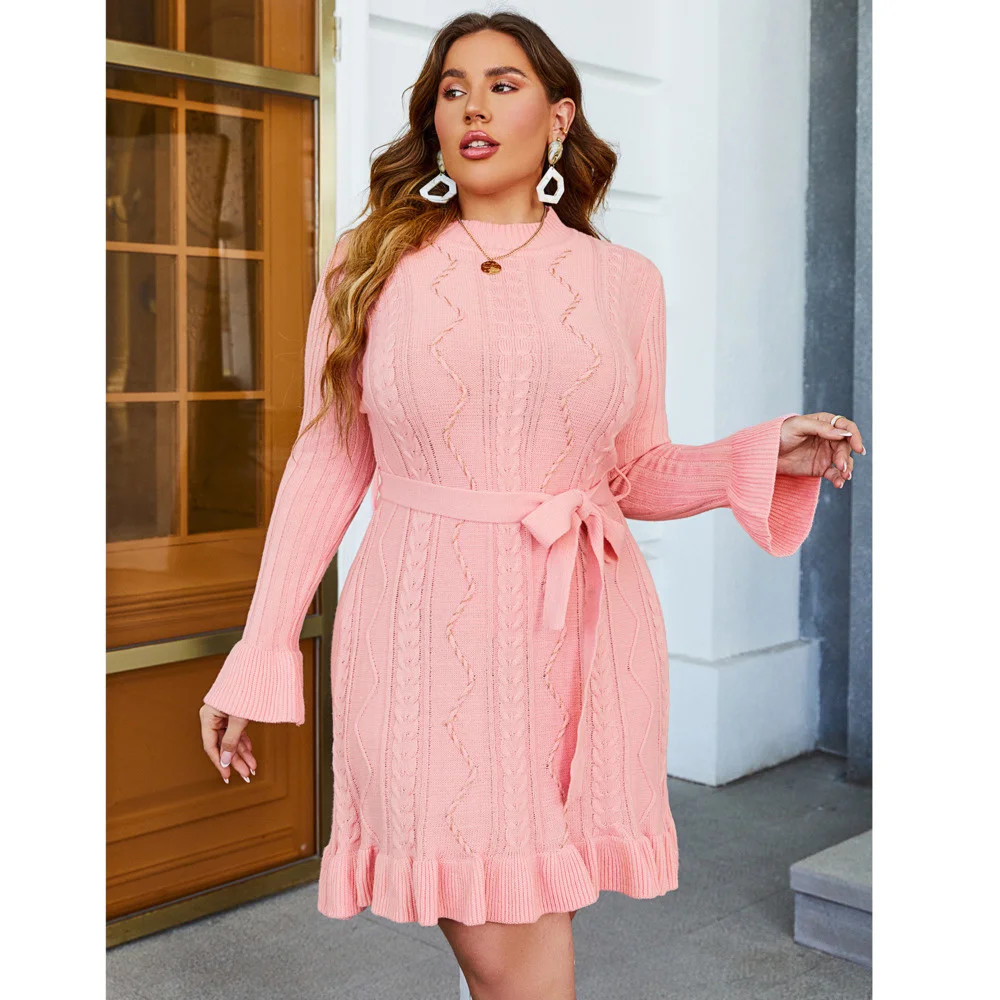 2022 Woolen Vacation Wind Lotus Leaf Sleeve Large Plus Size Dress Autumn Winter Round Neck Long Sleeve Pullover Women's Dress