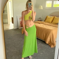 summer new one shoulder hollow tube top short top and skirt contrast color suit 2 piece set beach club nightclub party clothing