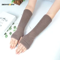 womens arm sleeve winter knitted arm warmer half finger mitten solid color keep warm oversleeve long fingerless gloves