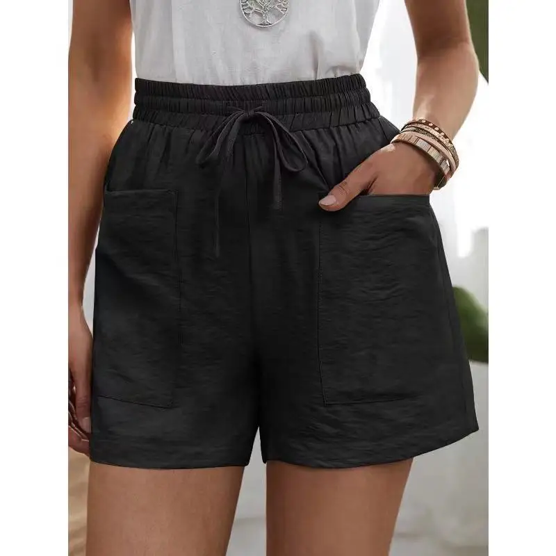 Casual Cotton Linen women's Shorts Wide Leg Elastic High Waist Shorts With Pockets Summer Female Clothing