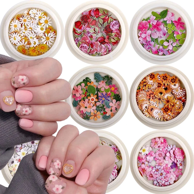 

1 Box 3D Flower Nail Stickers Wood Pulp Piece Flakes Daisy Dried Flower Leaf Patch Mixed DIY Tips Nail Art Decorations Manicure