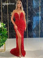 Fashion Heavy Red Sequined Diamond Dress 2022 Summer Women's Off Shoulder Bodycon Split Long Dress Sexy Evening Party Vestidos