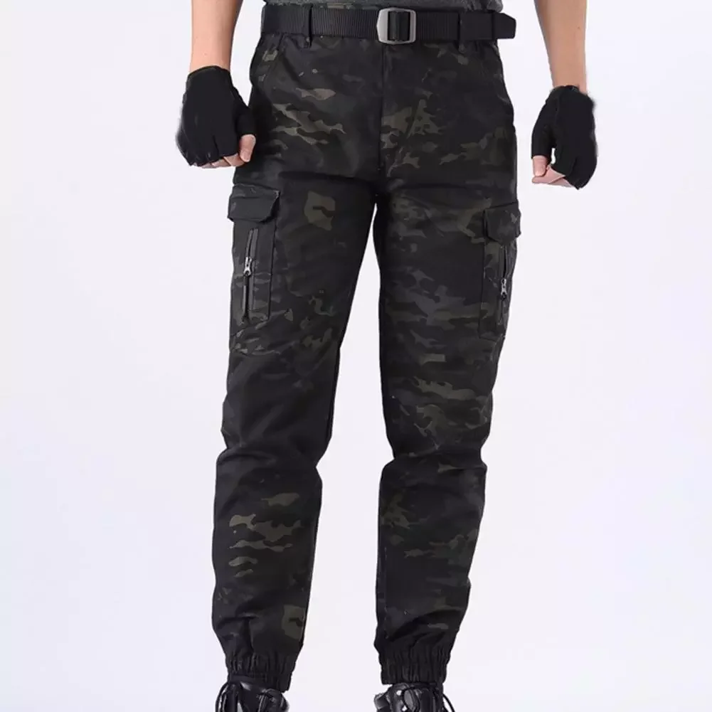

HotMan Pants Multi Pockets Training Slacks Deep Crotch Camouflage Print Ankle Tied High Waist Men Cargo Pants for Outdoor Sports