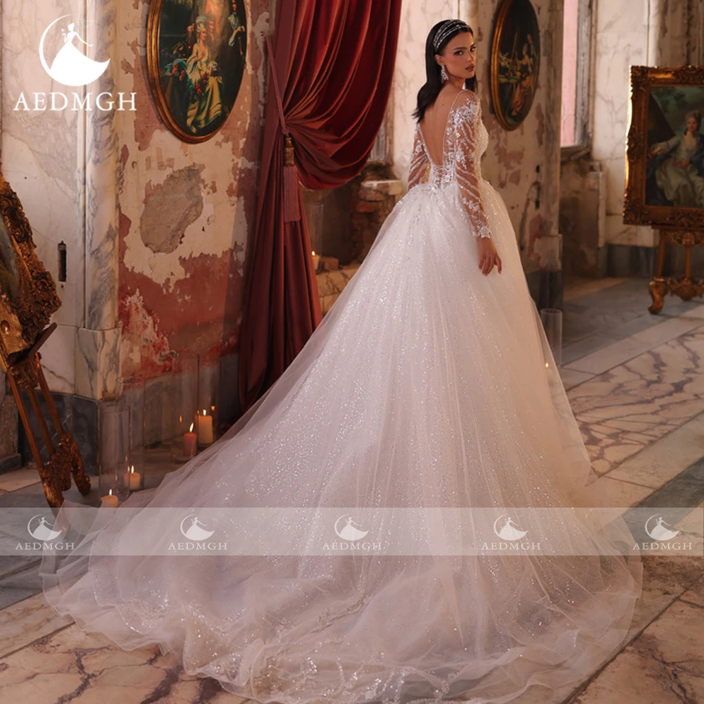 Фото Aedmgh Русалка Свадебные платья с круглым вырезом и длинными рукавами Vestido De Novia Кружевная вышивка со съемным шлейфом Сексуальное свадебное платье на заказ №2