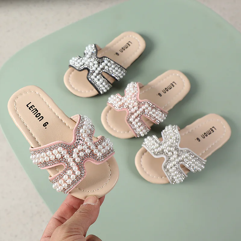 

2023 Summer Children Slippers Fashion Pearl Girls Sandals Beading Princess Beach Shoes Casual Kids Baby Toddler Flat Flip Flops
