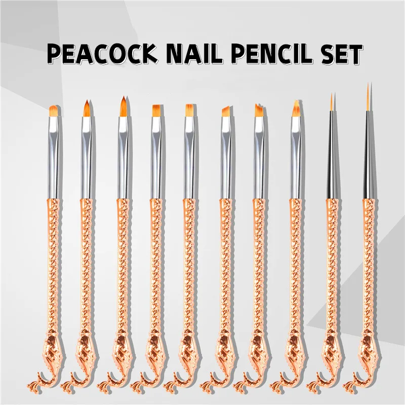 

10Pc/Set Nail Brushes Peacock Handle Phototherapy Pen Pulling Liner Pen For Manicure Drawing Painting Flower Patterns Nail Tools