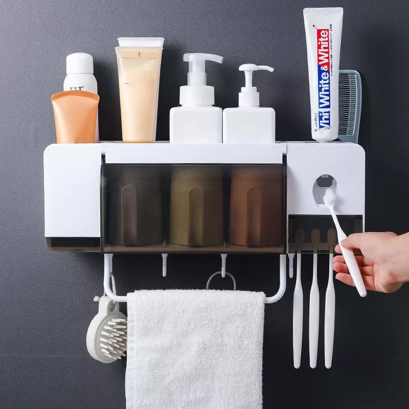 

Automatic Toothbrush Holder with Cups Wall Mounted Toothpaste Squeezer Dispenser Storage Rack Case Bathroom Accessories Sets