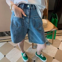 denim shorts women blue knee length summer high waist teens kpop streetwear vintage casual all match korean ins loose chic retro