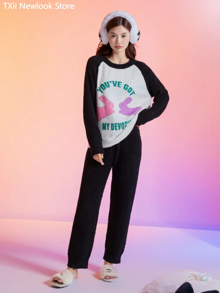 

[TXii Advanced Sense] Half Velvet Rabbit Pajamas Women's Winter Cute Round Neck Outwear Soft Home Suit
