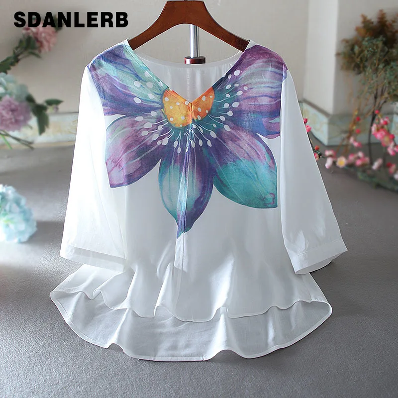

Women's Tops Summer Retro Loose Thin Cotton and Linen Blusas Mujer Slimming Printed Casual V-neck Half Sleeve Artistic Shirt