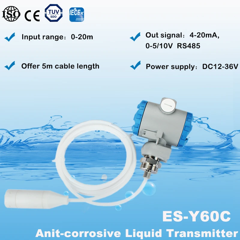 

ES-Y60C IP68 Chemical Corrosion Resistance PTFE Liquid Level Transmitter Output 4-20mA 0-5V 0-10V RS485 Acid Level Sensor