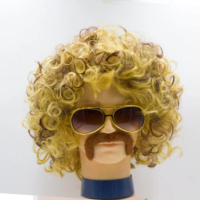 

Party Stage Props Gold Color Short Curly Hair Wig Beard Glasses Necklace 5pcs Set