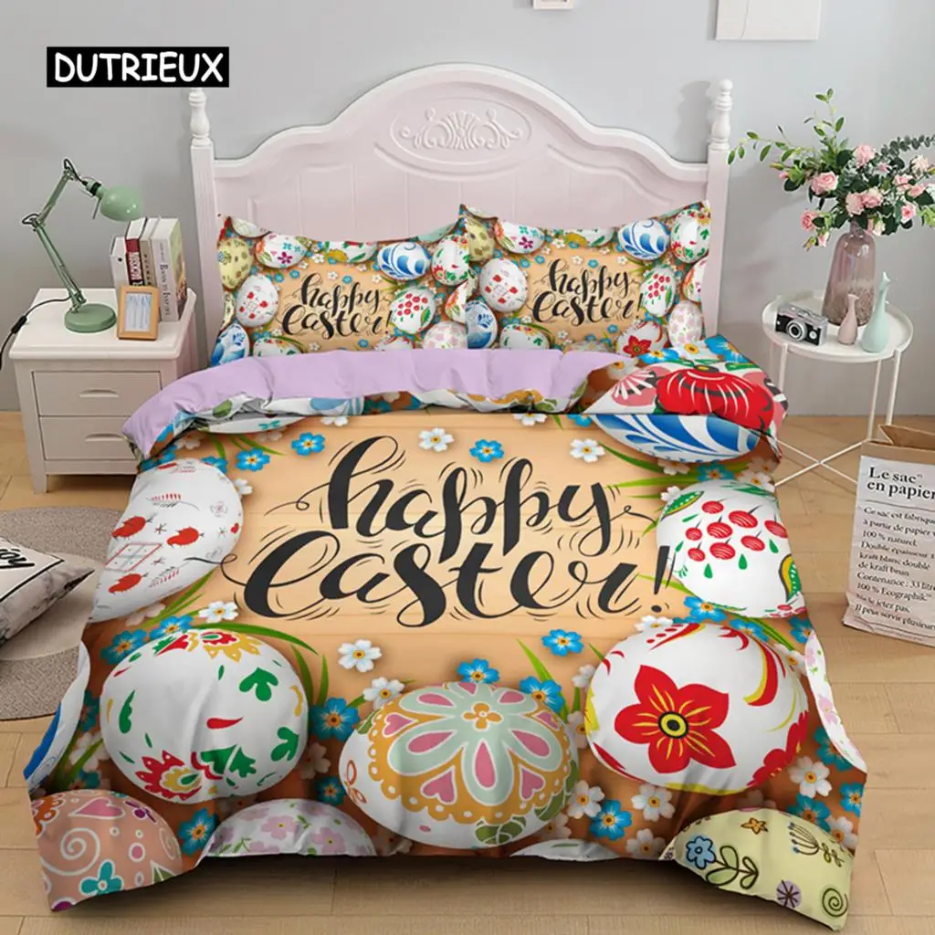 Easter Egg Duvet Cover Set Cartoon Cute Bedding Happy Theme Comforter for Kids Teens Microfiber Bedclothes