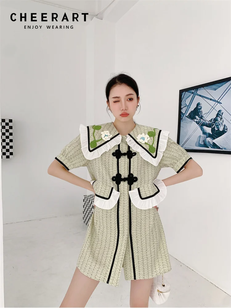 

CHEERART Sailor Collar Mint Green Summer Shirt Dress Women Floral Embroidered Ruffles Short Sleeve Mini Dress Korean Fashion