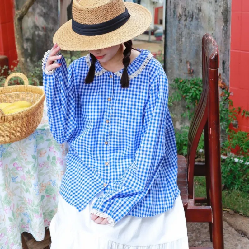 Johnature весенняя новинка милый женский литературный кукольный воротник клетчатая