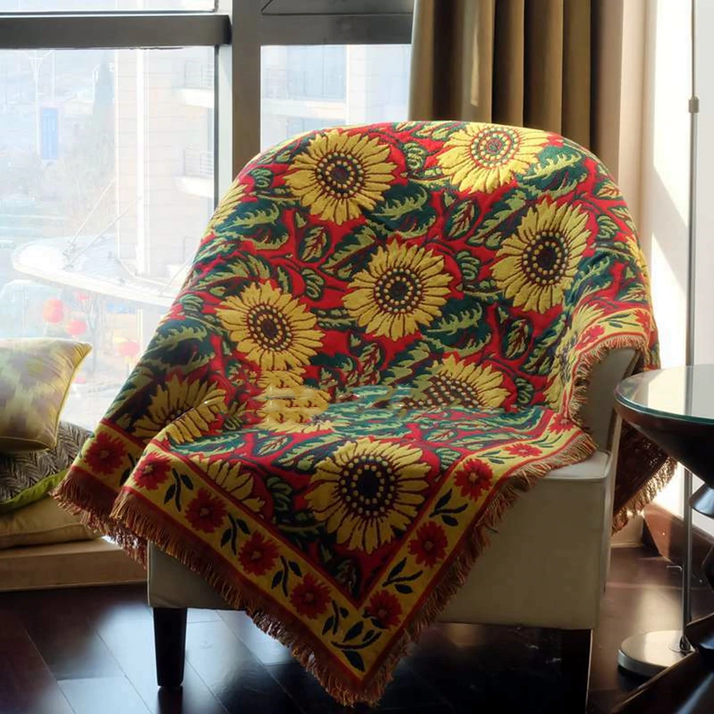

High-end Sunflower Felts Tapestry Floor Mat Vintage Pastoral Thick Cotton Sofa Towel Bed Cover Quilt Bedroom Living Room Carpet