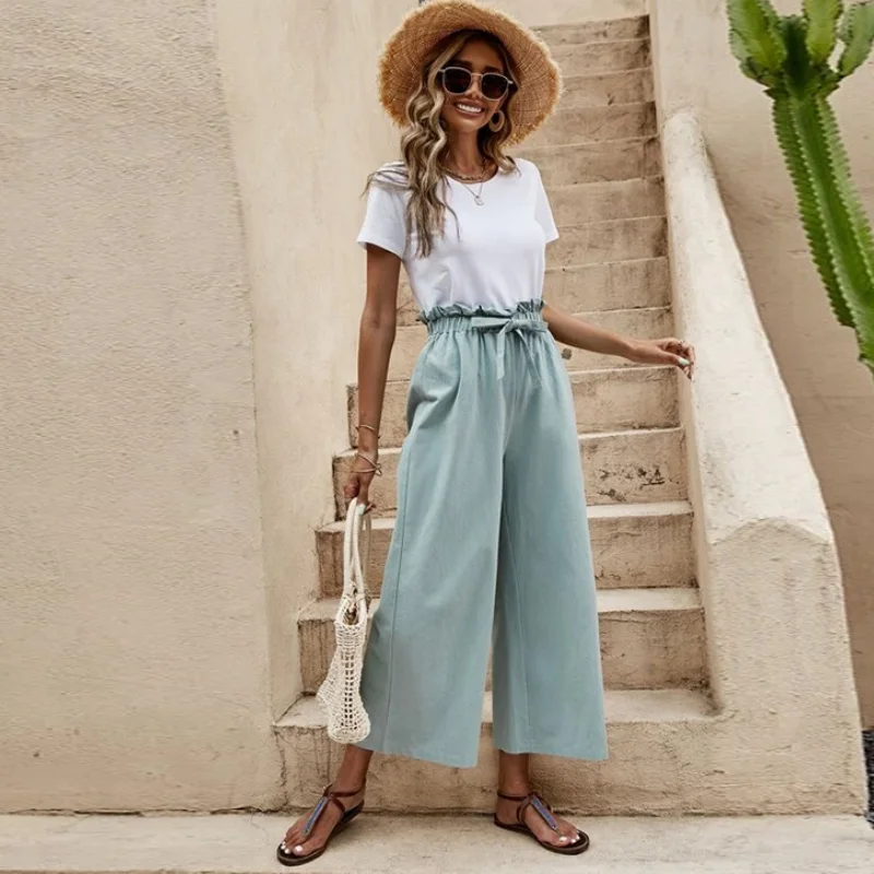 

Женские летние однотонные хлопковые укороченные брюки из пеньки с эластичным поясом, прямые свободные повседневные укороченные брюки с высокой талией и широкими штанинами, 2023