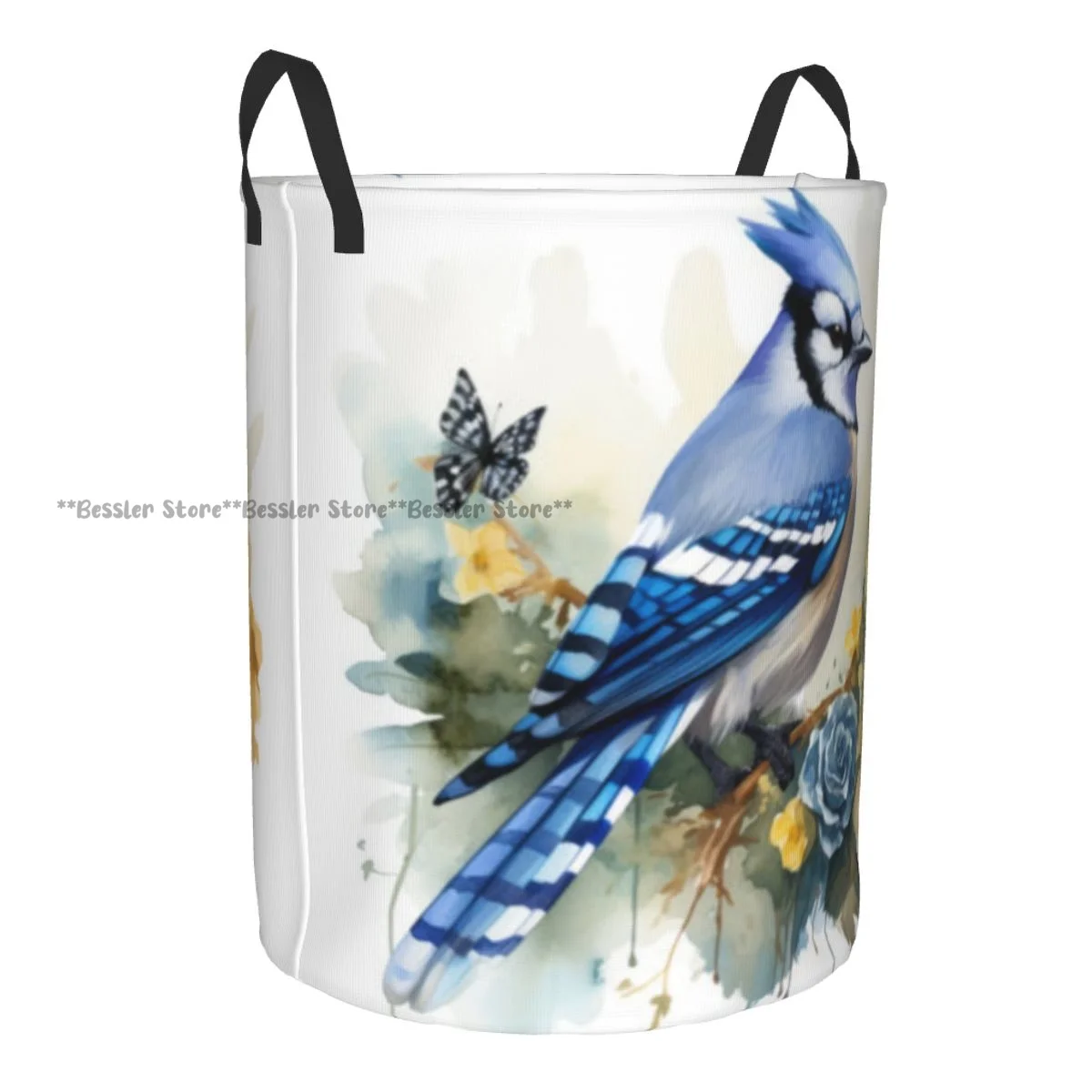 Голубой Джей Perches возле потрясающих цветов стильная корзина для белья с рисунком