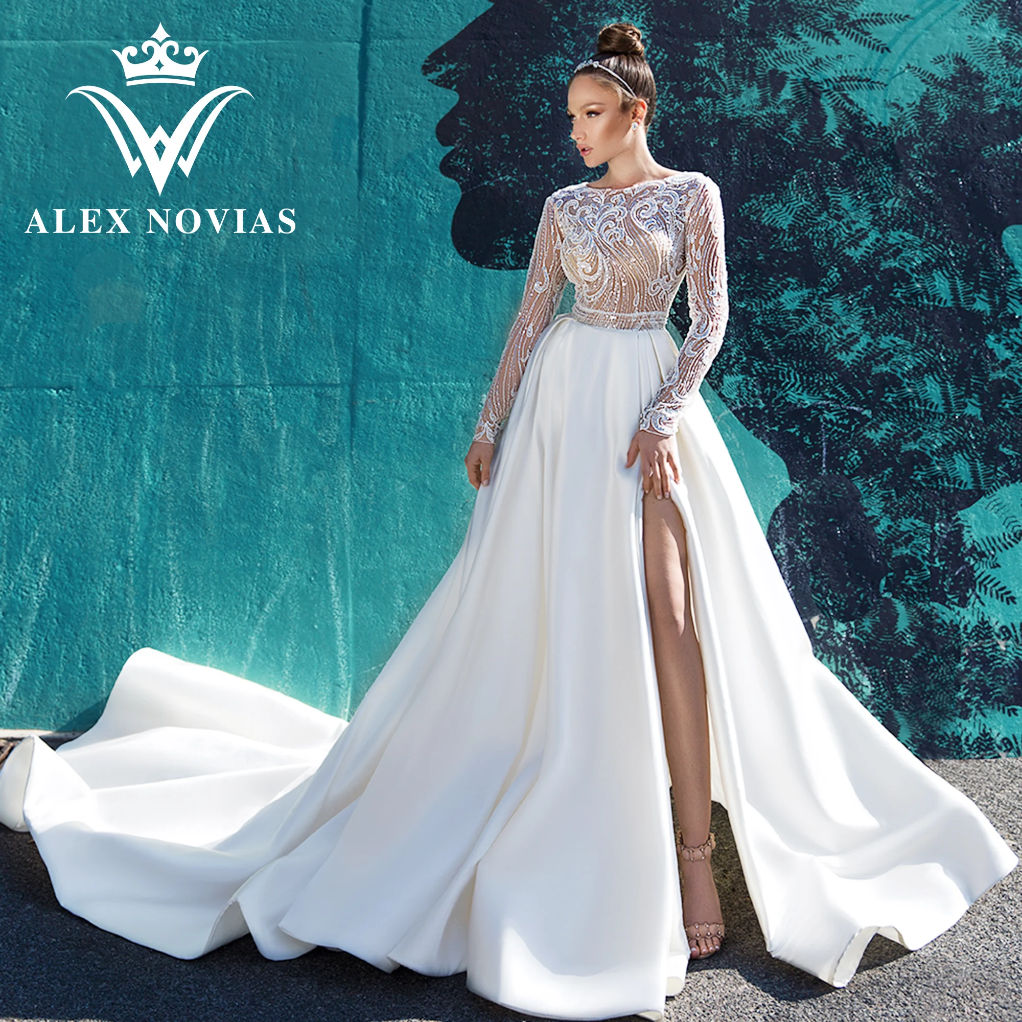 

Женское свадебное платье-трапеция ALEX NOVIAS, изысканное платье с глубоким круглым вырезом и длинным рукавом, осень 2023