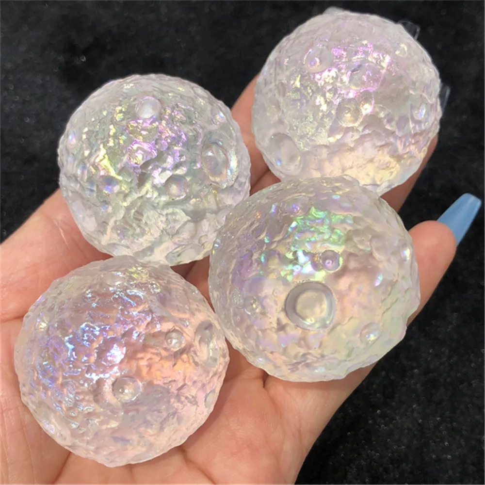 1pcs Angel Aura Natura Quartz Crystal Moon Hand Carved Sphere Stone Healing Gemstone Crater Ball For Halloween Decoration
