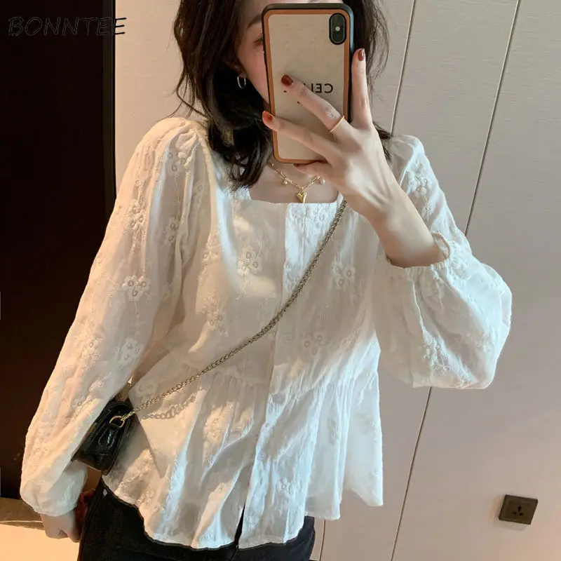 

White Shirts Women Trendy Girlish Young Korean Style Casual All-match Simple Embroidery Loose Lantern Sleeve Sweet Spring Mujer