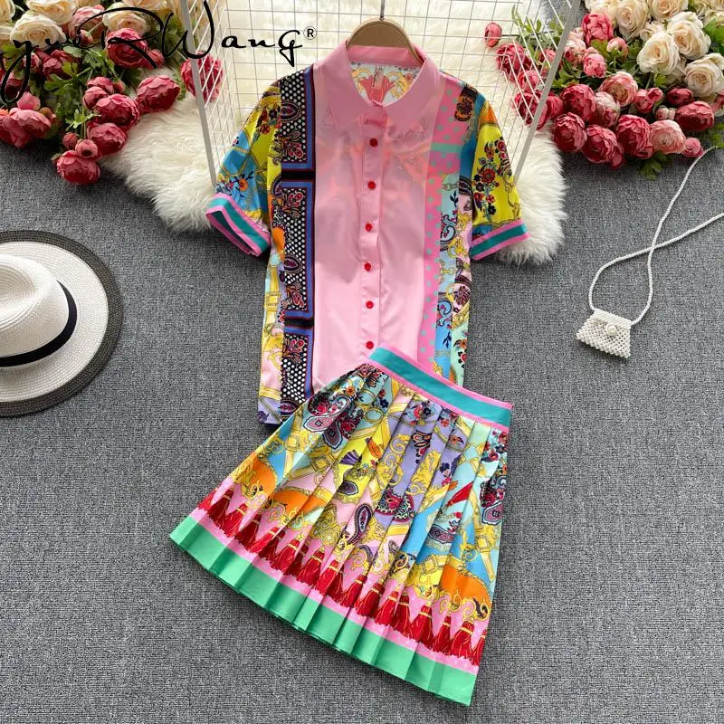 

YUERWANG Women Blouse Skirt Sets Temperament Printed Short Sleeve Shirt High Waist Pleated Mini Skirt Two Piece Sets 2022 Summer