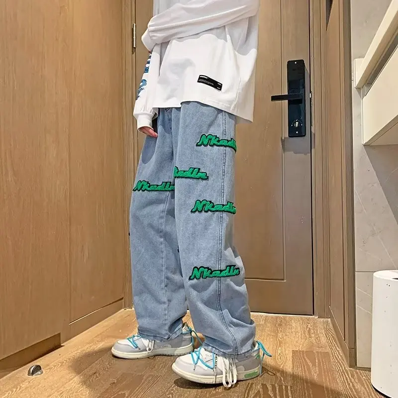 DEEPTOWN Embroidered Straight Jeans Men Retro Y2K Loose Denim Pants Casual Hip Hop Trousers Male Streetwear Fashion Spring