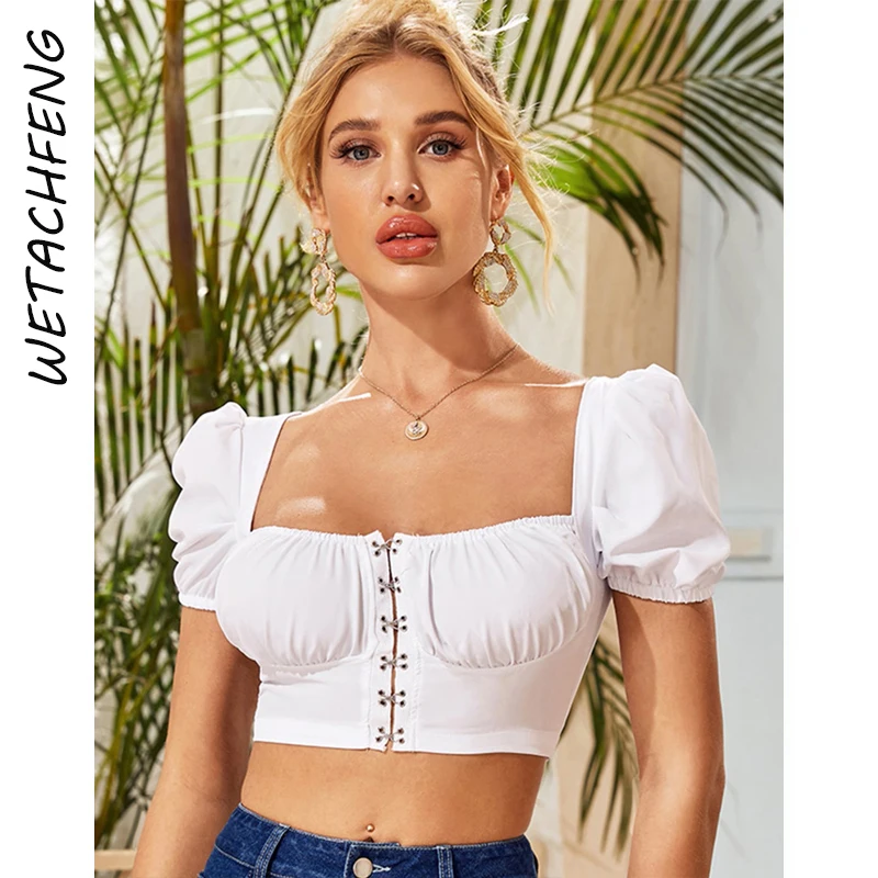 

Sexy White Strapless Short Puff Sleeve Square Collar Crop Tops Summer Folds Solid Blouses Tops Shirts Blusas 2022 Women Clothes