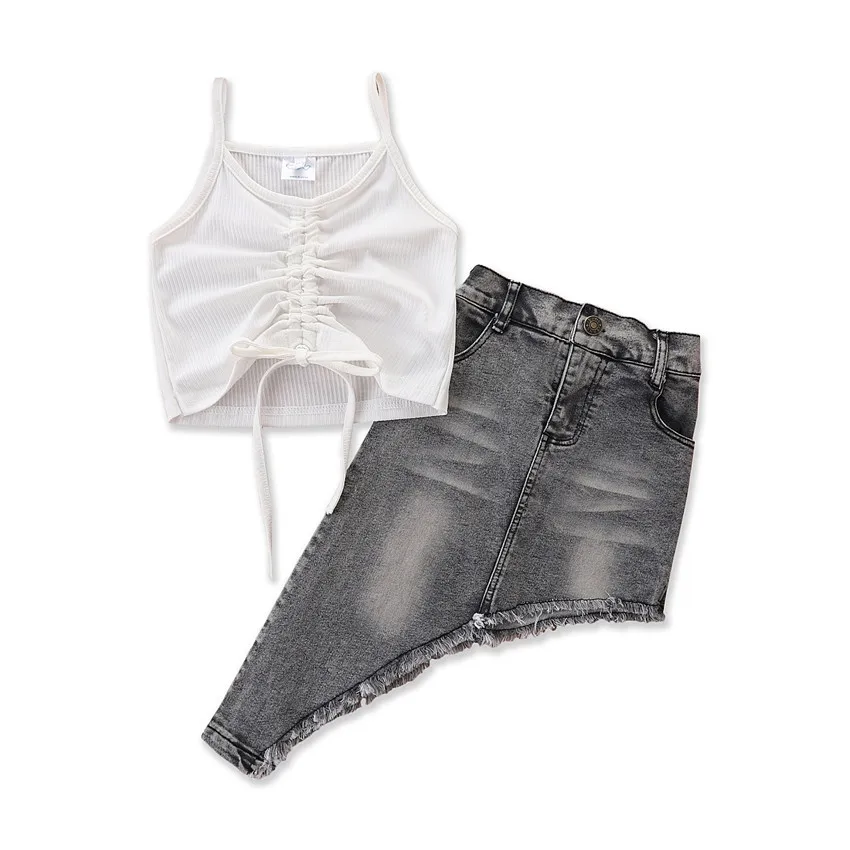 

Kids Clothing for Girls Ins Style Summer Girls Fashion Skirt Suit White Drawstring Suspenders + Irregular Denim Skirt