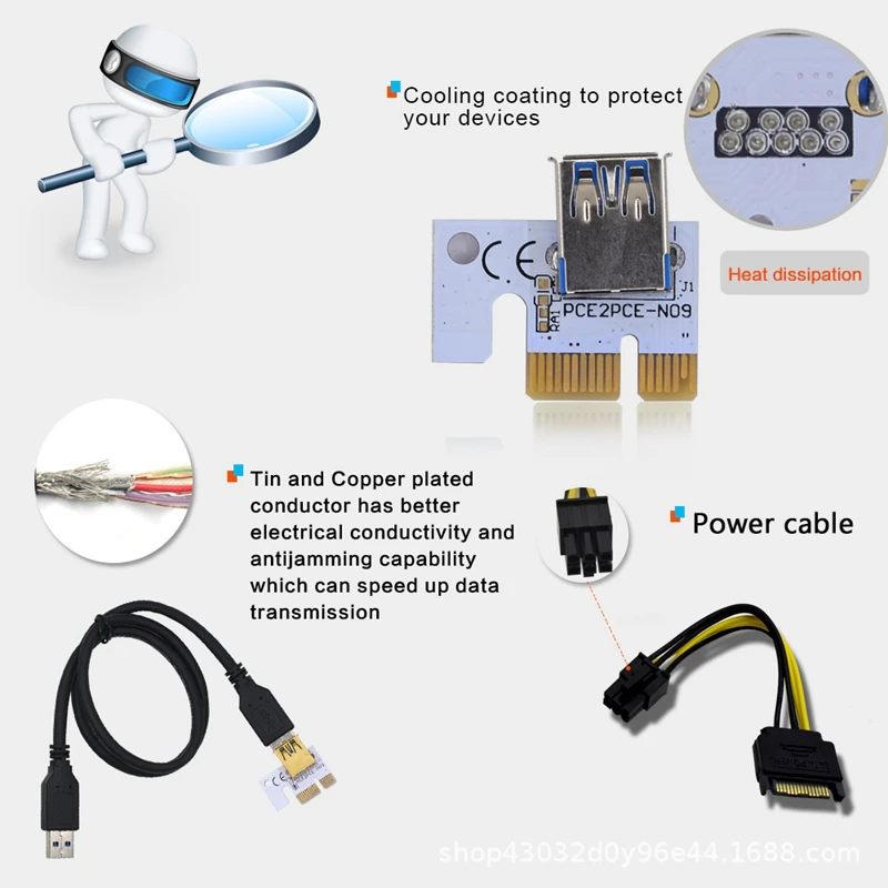 6PCS Molex PCIE Riser Card VER009S PCI-E 1X To 16X Extender PCI Express X16 USB 009S For Bitcoin Miner Mining